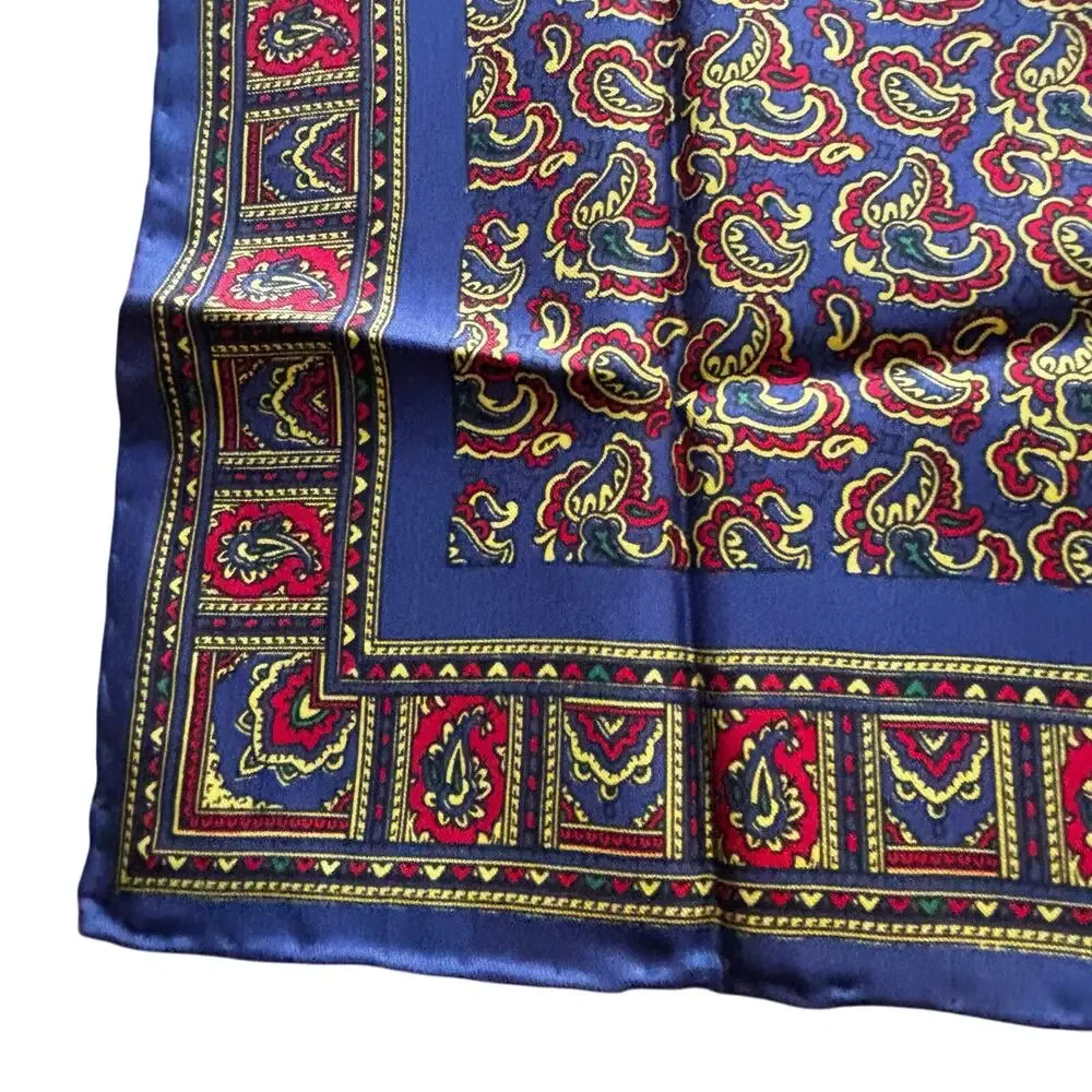 Vintage Italian silk scarf neckerchief style square blue red gold paisley print